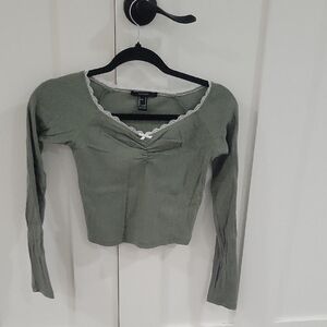Forever 21 Olive Long Sleeve Blouse with Lace Trim